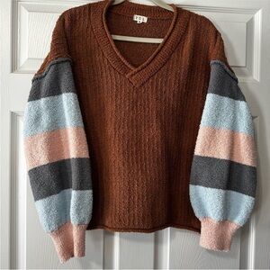 POL Brown V-Neck Sweater with Striped Sleeves